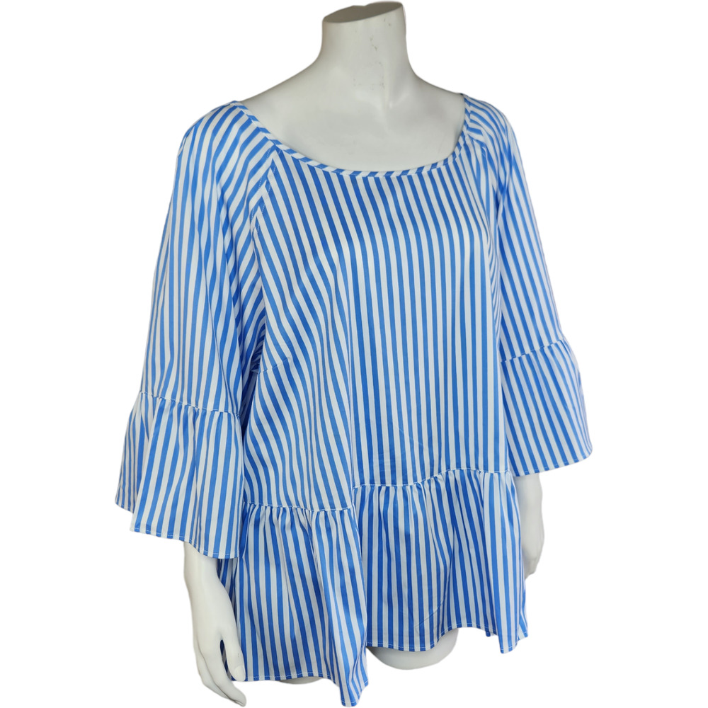 Lands End Popover Blouse Peplum Bell Sleeve Scoop Neck Striped Blue White 24W - Picture 9 of 11